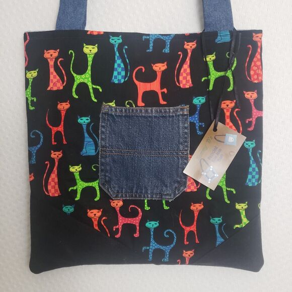 Tammy D's Recycled Blue Jean Denim Rainbow‎ Cat Tote Bag - Picture 1 of 9